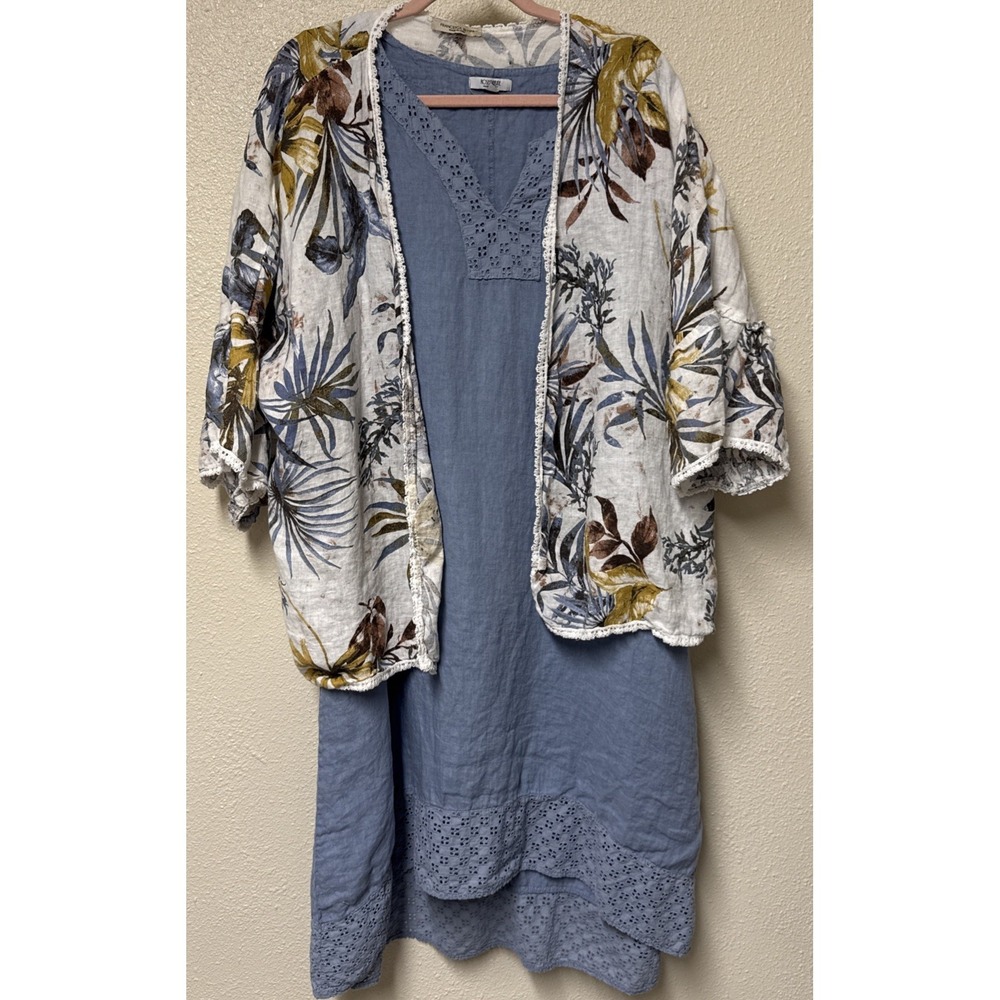100% Linen Shift Dress 1X + Kimono Topper OS Blue Beachy Lace Trim Boho Summer